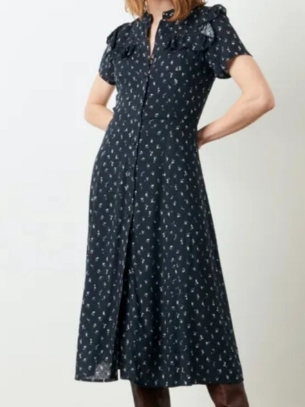 Sessun Aubanel Navy Blue Floral Midi Shirt Dress M
